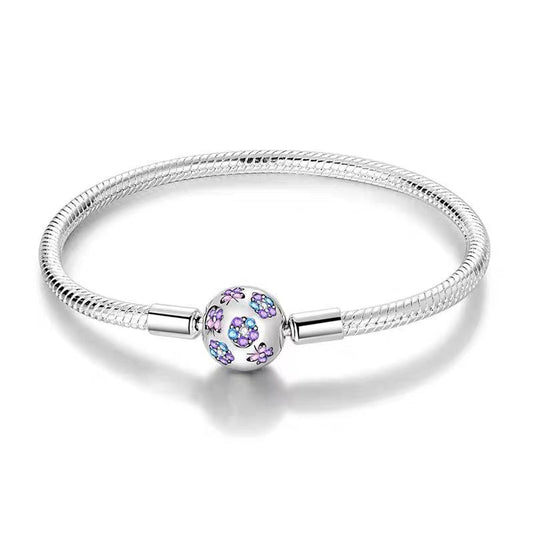 Purple Butterfly & Flower Multicolor CZ Clasp Charm Bracelet — 925 sterling silver snake chain with white enamel ball clasp set with purple butterfly and teal-purple flower CZ motifs